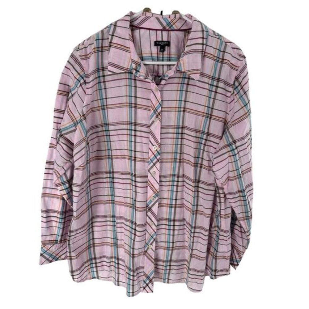 Talbots Women's Plus 2XL Pink Plaid Long Sleeve Button-Up Shirt Casual